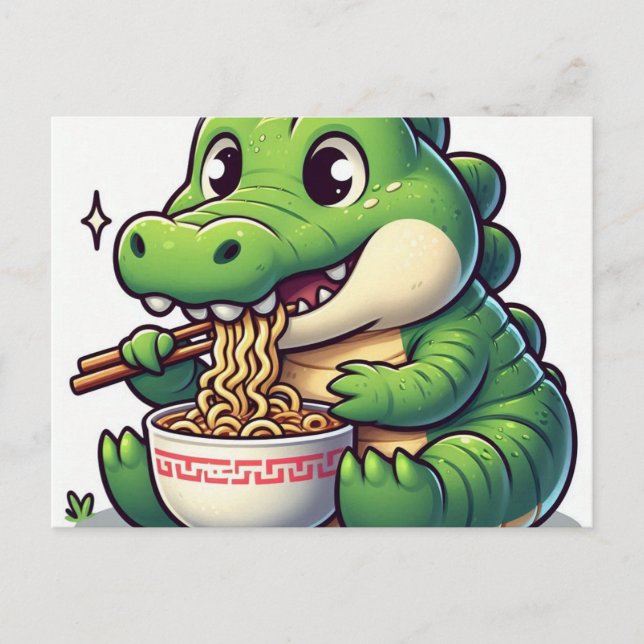 Adsible Kawaii Alligator Eating Ramen Vykort (Framsida)