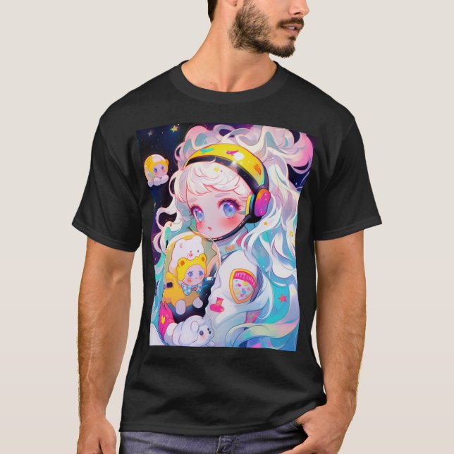 Adsible Kawaii Anime Girl in Space T Shirt (Framsida)