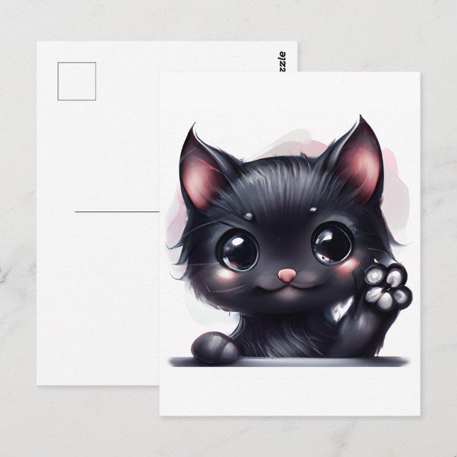 Adsible Kawaii Black Cat Vykort (Fram/baksida)