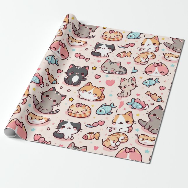 Adsible Kawaii Cats Mönster Presentpapper (Utrullad)