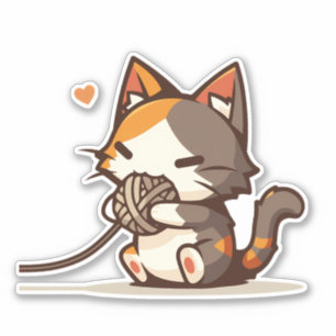 Adsible Kawaii Chibi Calico Cat Spela med garn Klistermärken