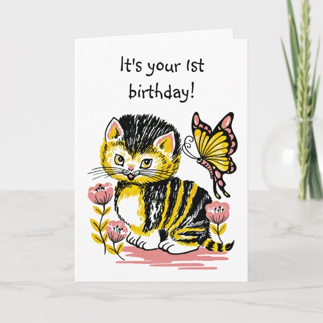 Adsible Kitten and Butterfly First Birthday Card Kort (Framsida)