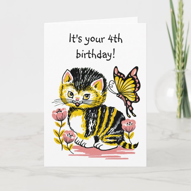 Adsible Kitten and Butterfly Four Birthday Card Kort (Framsida)