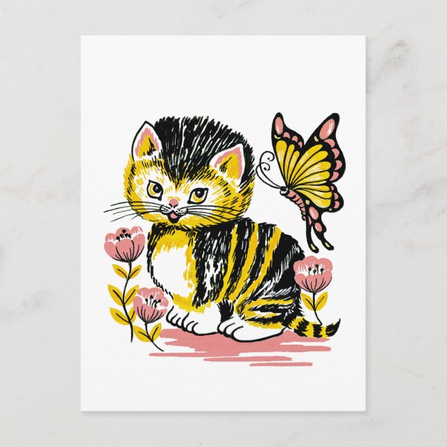 Adsible Kitten and Butterfly Postcard Vykort (Framsida)