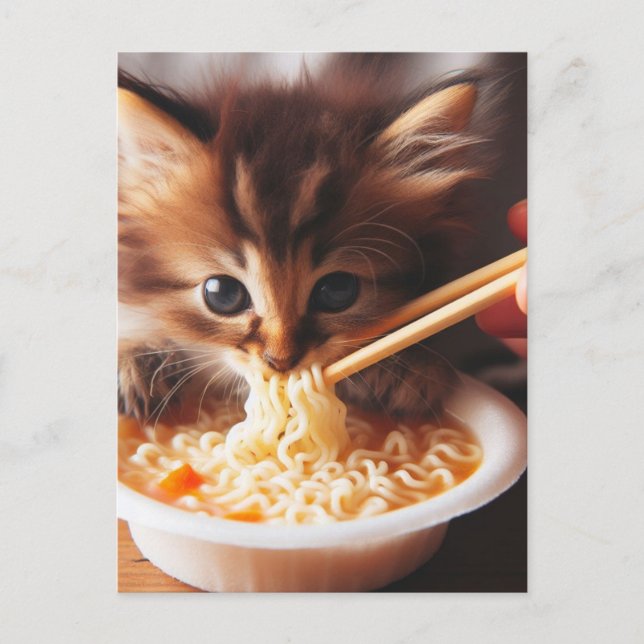 Adsible Kitten Eating Noodles Vykort (Framsida)