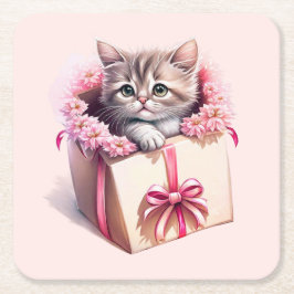 Adsible Kitten in a Box Birthday Gift Underlägg Papper Kvadrat