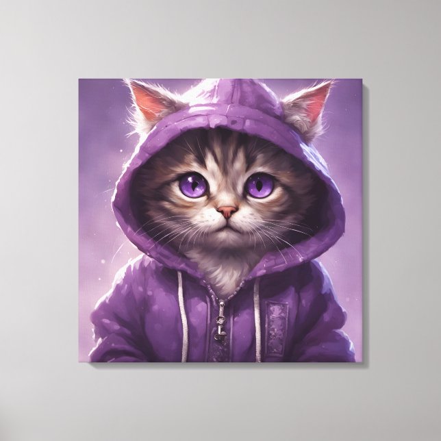 Adsible Kitten in a Lila Hoodie Canvastryck (Framsida)