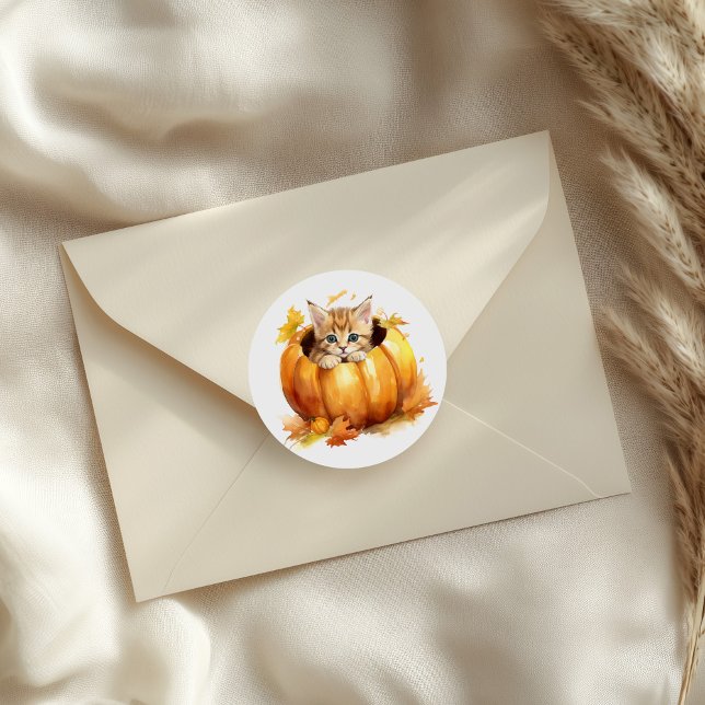 Adsible Kitten in Pumpkin Runt Klistermärke (Adorable Kitten in Pumpkin Classic Round Sticker on an envelope)