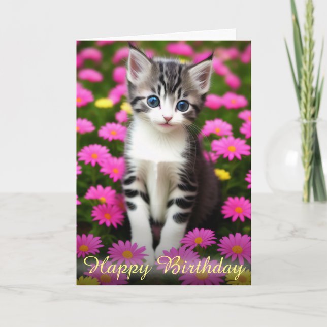Adsible Kitten in Rosa Flowery Fält Birthday Kort (Framsida)