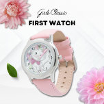 Adsible Kitten Rosa Flowers Girl First Armbandsur<br><div class="desc">Vi ska lära oss hur vi ska tala med den här vackra rosa kattungen och blommorna. Den här utformningen har en söt vattenfärgad kattunge med en rosa buk omgiven av söt blommor.</div>