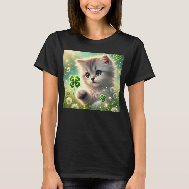 Adsible Kitten St. Patricks 4-löv Klöver T Shirt (Framsida)