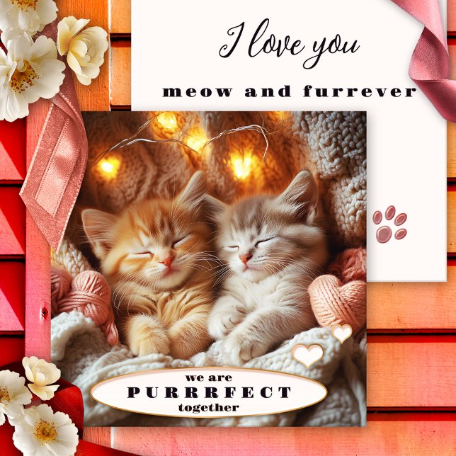 Adsible Kittens Alla hjärtans dag Card Julkort (Sweet romantic Valentine's Day card featuring an illustration of two adorable kittens cozy together)