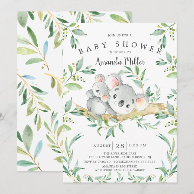 Adsible Koala Bear Baby Shower Inbjudningar (Fram/baksida)