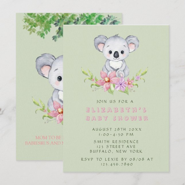 Adsible Koala Bear Girl Baby Shower Inbjudningar (Fram/baksida)