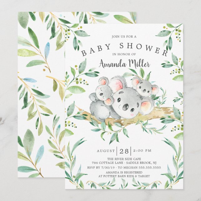 Adsible Koala BearTwins Baby Shower Inbjudningar (Fram/baksida)