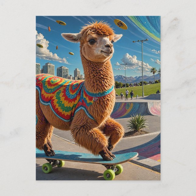 Adsible Konstig Skateboarding Alpaca Vykort (Framsida)
