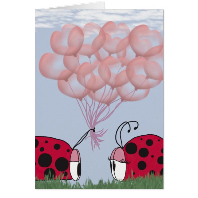 Adsible Ladybug with Söt Rosa Balloon Bouquet Hälsningskort (Framsidan)