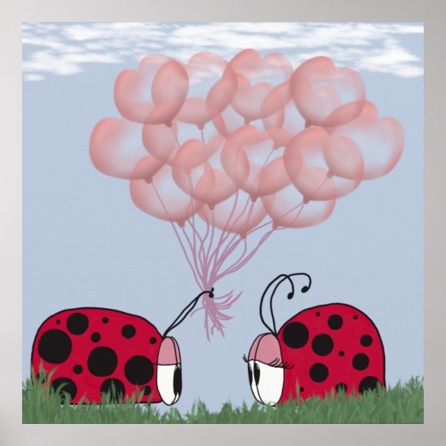 Adsible Ladybug with Söt Rosa Balloon Bouquet Poster (Framsidan)
