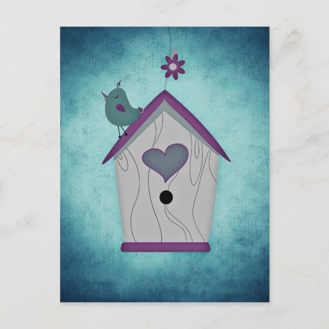 Adsible Lila Birdhouse and Flower Vykort (Framsida)