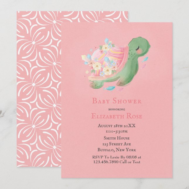 Adsible Little Turtle Rosa Baby Shower-inbjudan Inbjudningar (Fram/baksida)