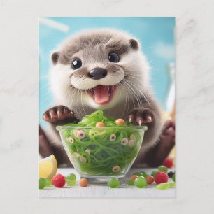 Adsible Lycklig Otter Skapar en Salad Vykort