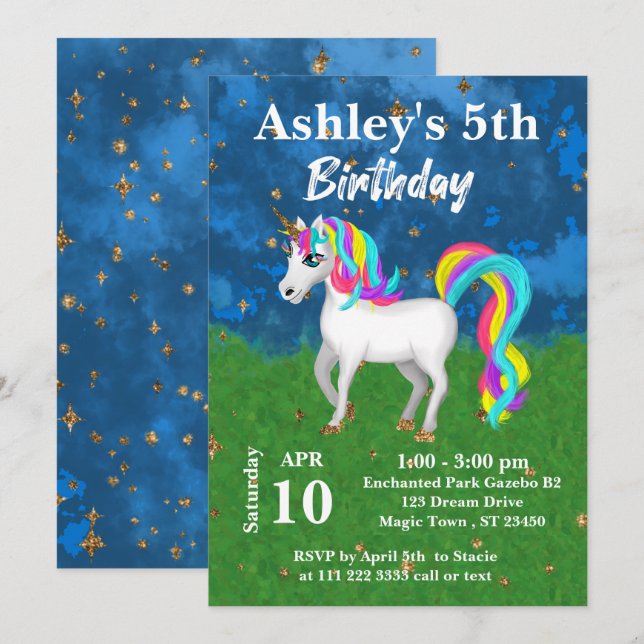 Adsible Magic Unicorn 5:e Födelsedagsfesten Inbjudningar (Fram/baksida)