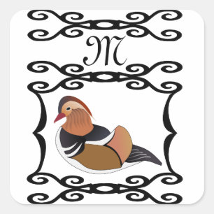 Adsible Mandarin Anka Tecknad Monogram Fyrkantigt Klistermärke