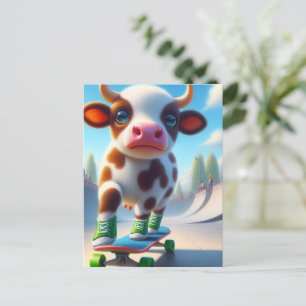 Adsible Mini Brown and White Cow Skateboarding Vykort