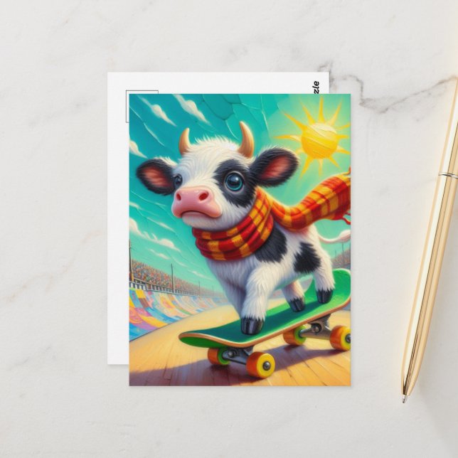 Adsible Mini Cow Skateboarding Vykort (Fram/Back In Situ)