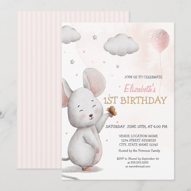Adsible Mouse Balloon Stripe Birthday Inbjudningar (Fram/baksida)