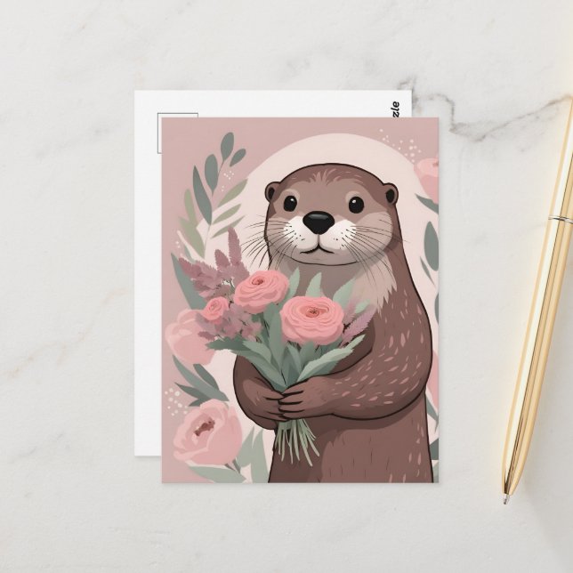 Adsible Otter Boho Flowers Vykort (Fram/Back In Situ)