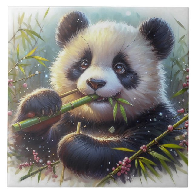 Adsible Panda Bear Eating Bamboo Kakelplatta (Framsidan)