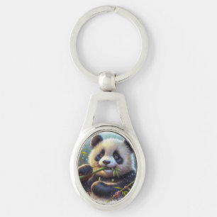 Adsible Panda Bear Eating Bamboo Ovalt Silverfärgad Nyckelring