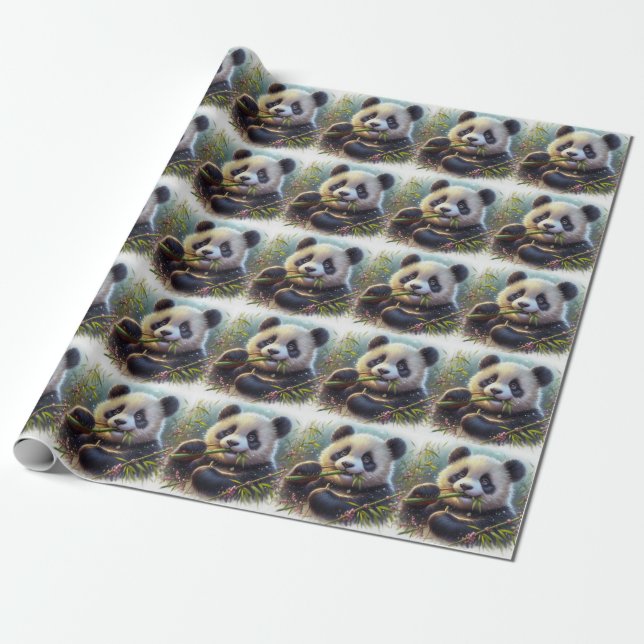 Adsible Panda Bear Eating Bamboo Presentpapper (Utrullad)