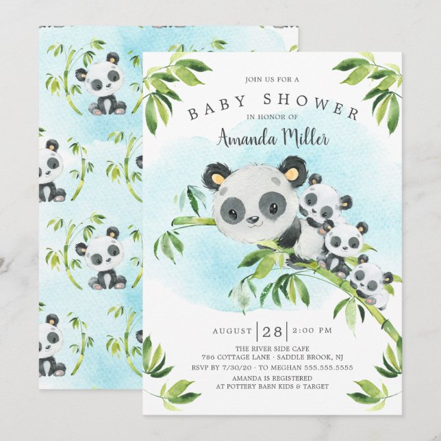 Adsible Panda Bears Triplets Baby Shower Inbjudningar (Fram/baksida)