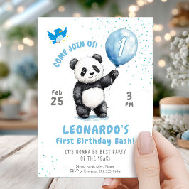 Adsible Panda Blue Balloon 1:a födelsedagen Inbjudningar