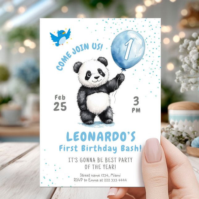 Adsible Panda Blue Balloon 1:a födelsedagen Inbjudningar (Skapare uppladdad)