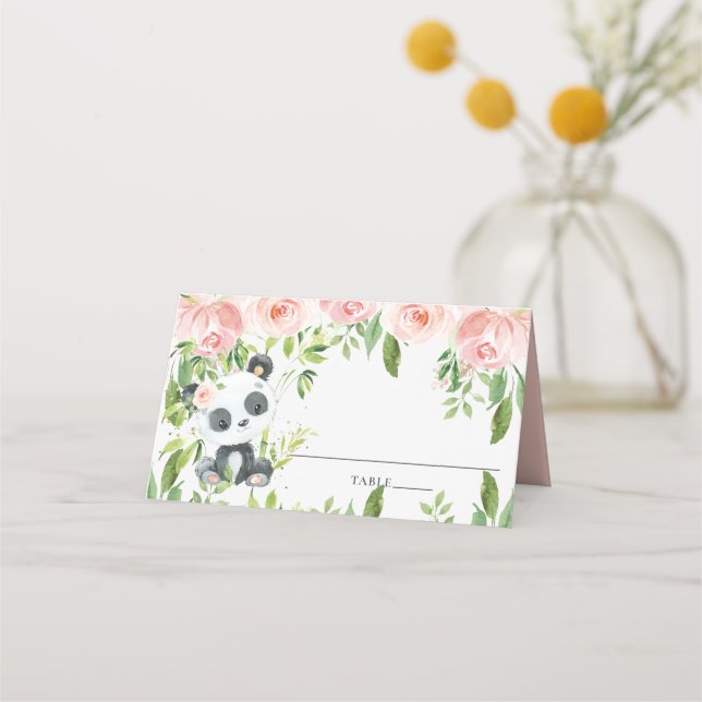 Adsible Panda Rosa Blommigt Greenery Baby Shower Placeringskort (Framsida)