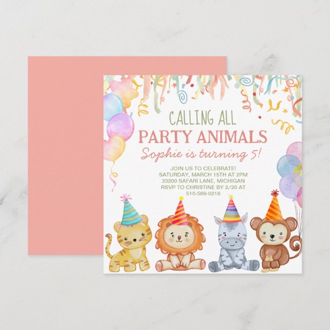 Adsible Party Animals Peach Rosa Safari Birthday Inbjudningar (Fram/baksida)