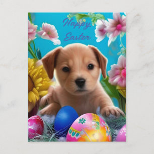 Adsible Påsk Puppy, Flowers and Eggs Vykort