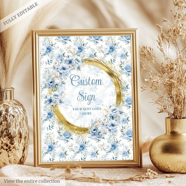 Adsible Pastel blåa blommor guld boho anpassningsb Poster (Adorable pastel blue flowers gold boho custom sign)