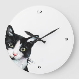 Adsible Peeking Cat Black and White Clock Stor Klocka