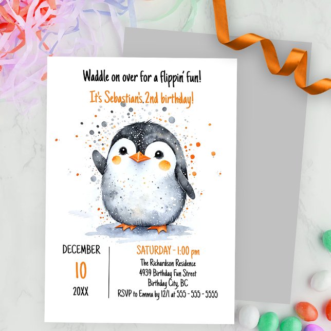 Adsible Penguin and Festive Orange Brown Confetti Inbjudningar (Skapare uppladdad)