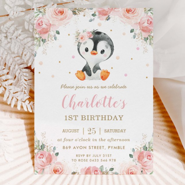 Adsible Penguin  Blommigt Girl 1st Birthday Inbjudningar (Skapare uppladdad)