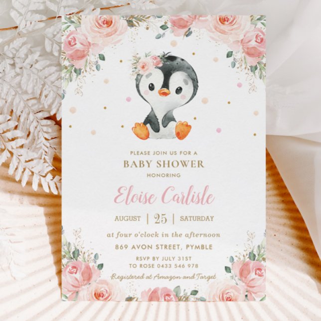 Adsible Penguin  Blommigt Girl Baby Shower Inbjudningar (Skapare uppladdad)