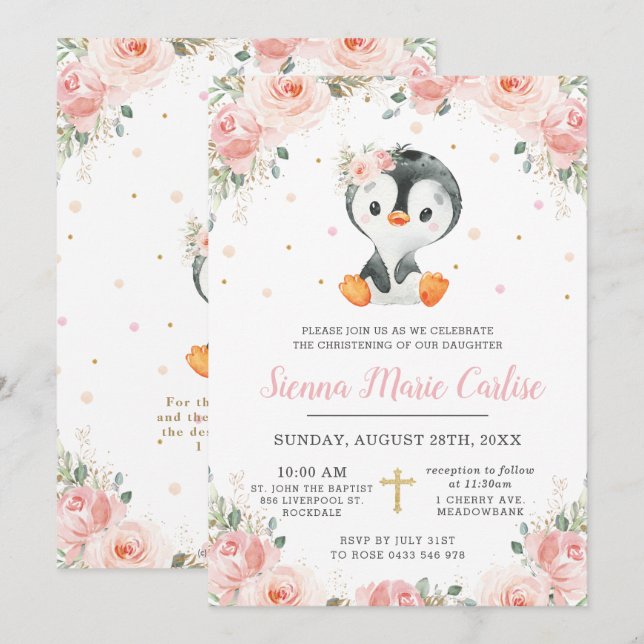 Adsible Penguin  Blommigt Girl Christening Inbjudningar (Fram/baksida)