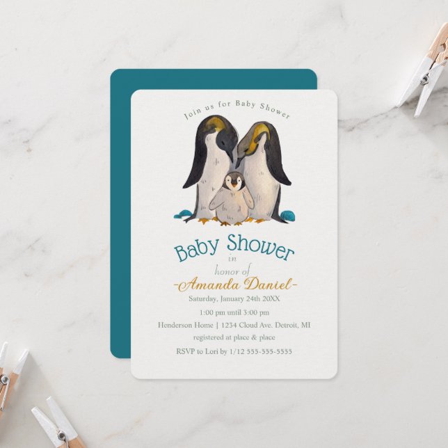 Adsible Penguin Family Baby Shower-inbjudan Inbjudningar (Fram/Back In Situ)