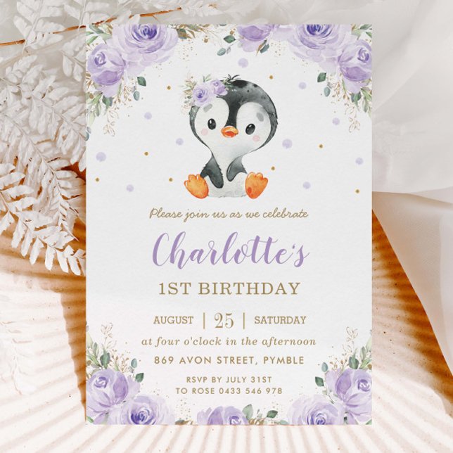 Adsible Penguin Lila Blommigt Girl 1 Birthday Inbjudningar (Skapare uppladdad)