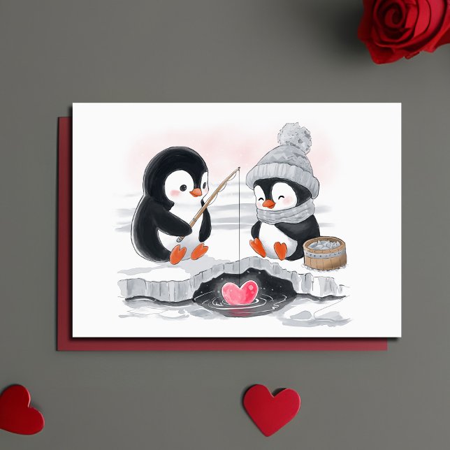 Adsible Penguin Valentine / Frieri isfiske Helgkort (Cute ice fishing penguin couple Valentine card with adorable watercolor painting.)