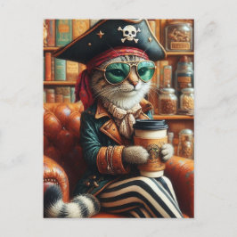 Adsible Pirat Cat with Coffee Vykort